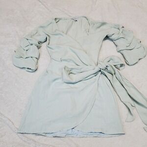 Hip Gypsy‎ Light Green Fairy Artsy Whimsical Puffed Sleeves Tied Wrap Dress 8